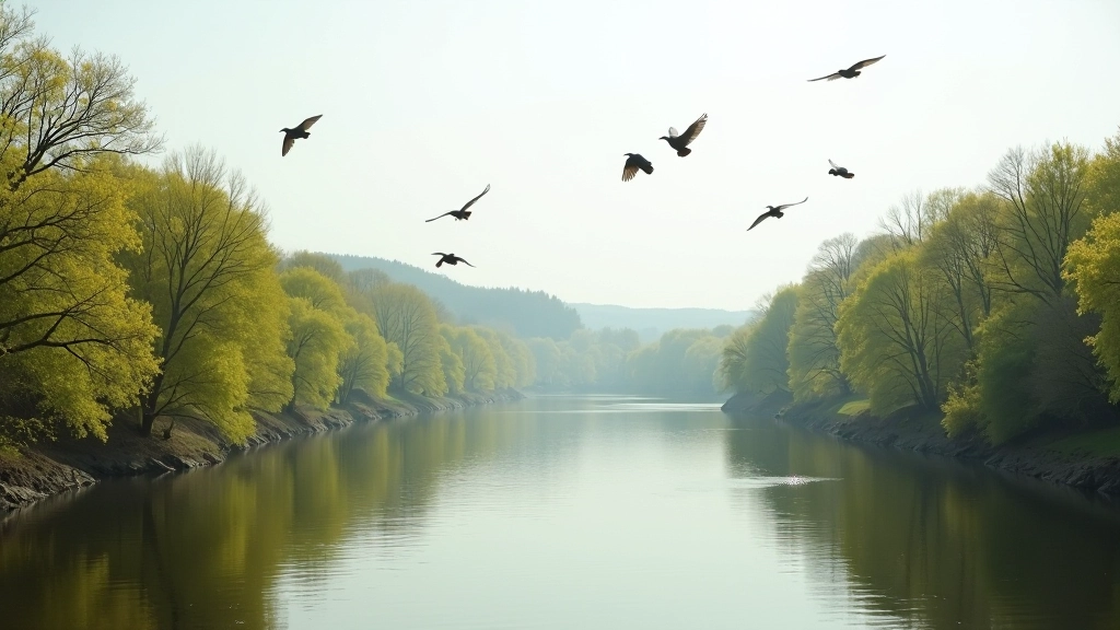 Paukščiai skraido virš Vilnios upės, pavasario gamtos scena su medžiais ir vandeniu